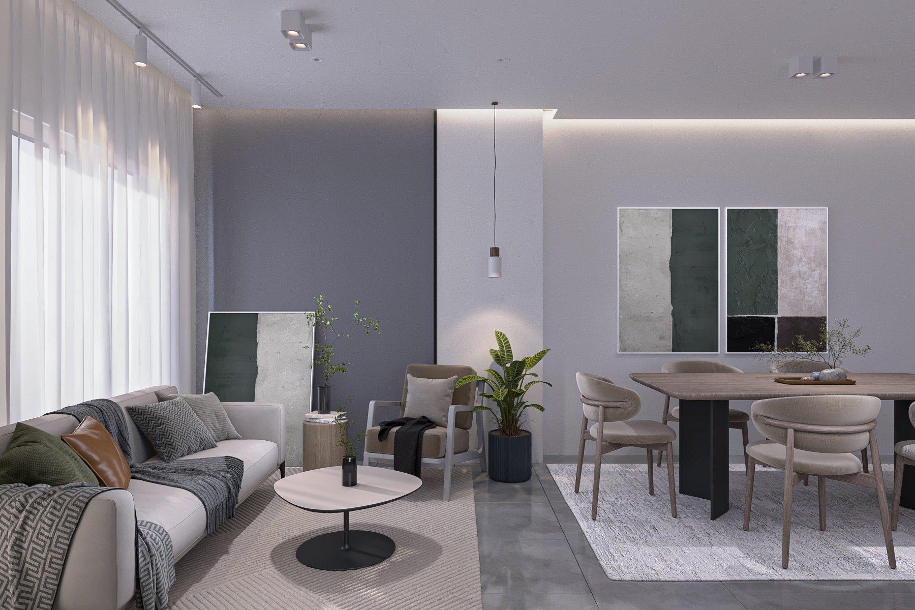 Open-plan living and dining with a wooden table and a large green artwork