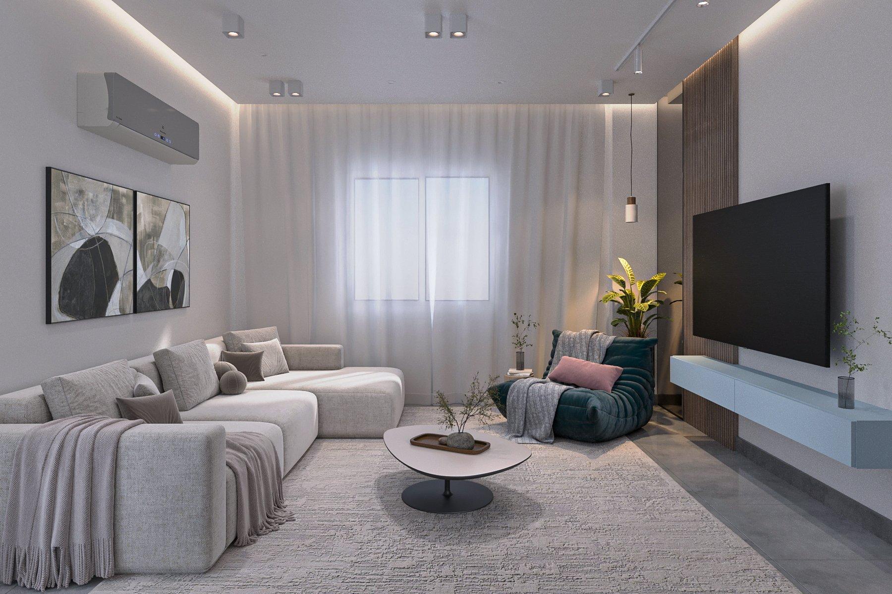 Lounge with modular sofas, a pink accent chair and a floating TV unit