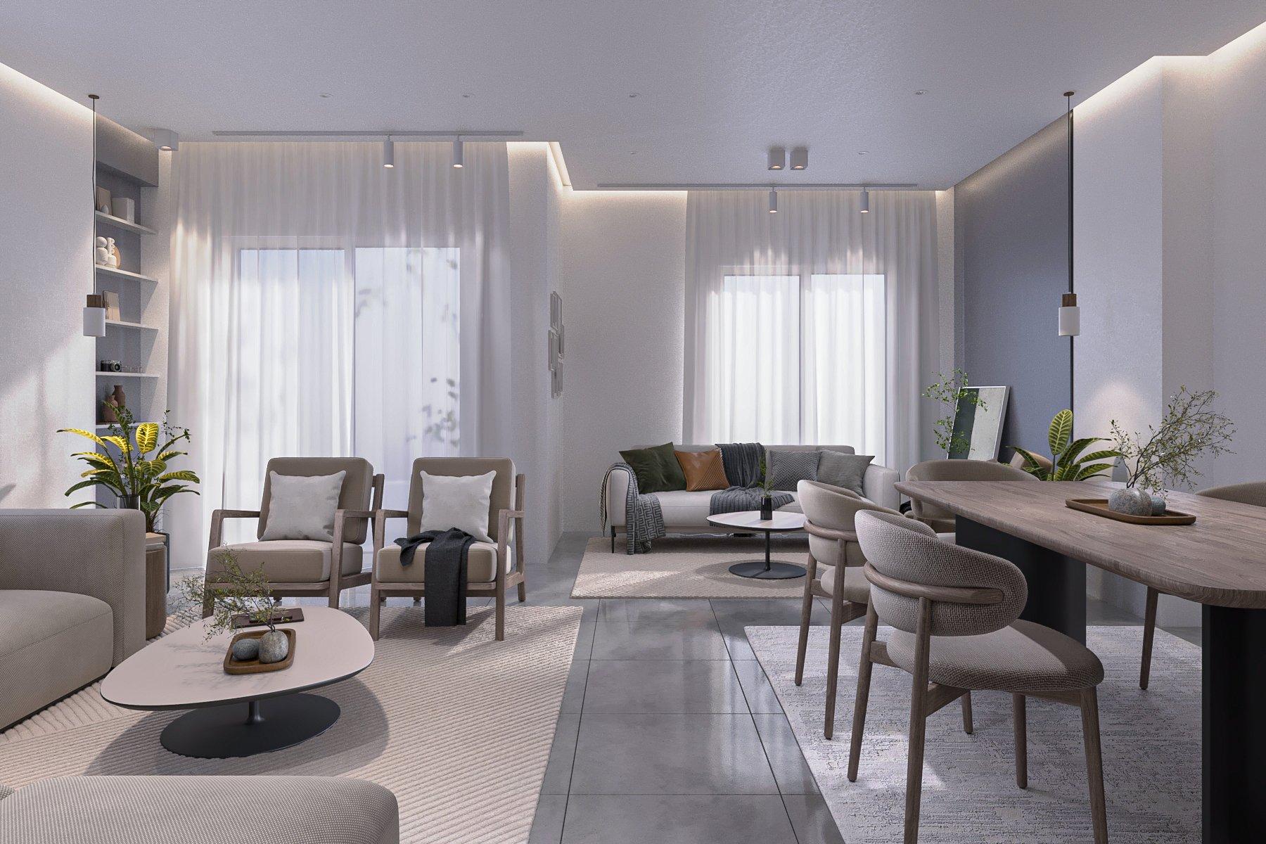 Reception seen from the dining table, with soft linear ceiling light