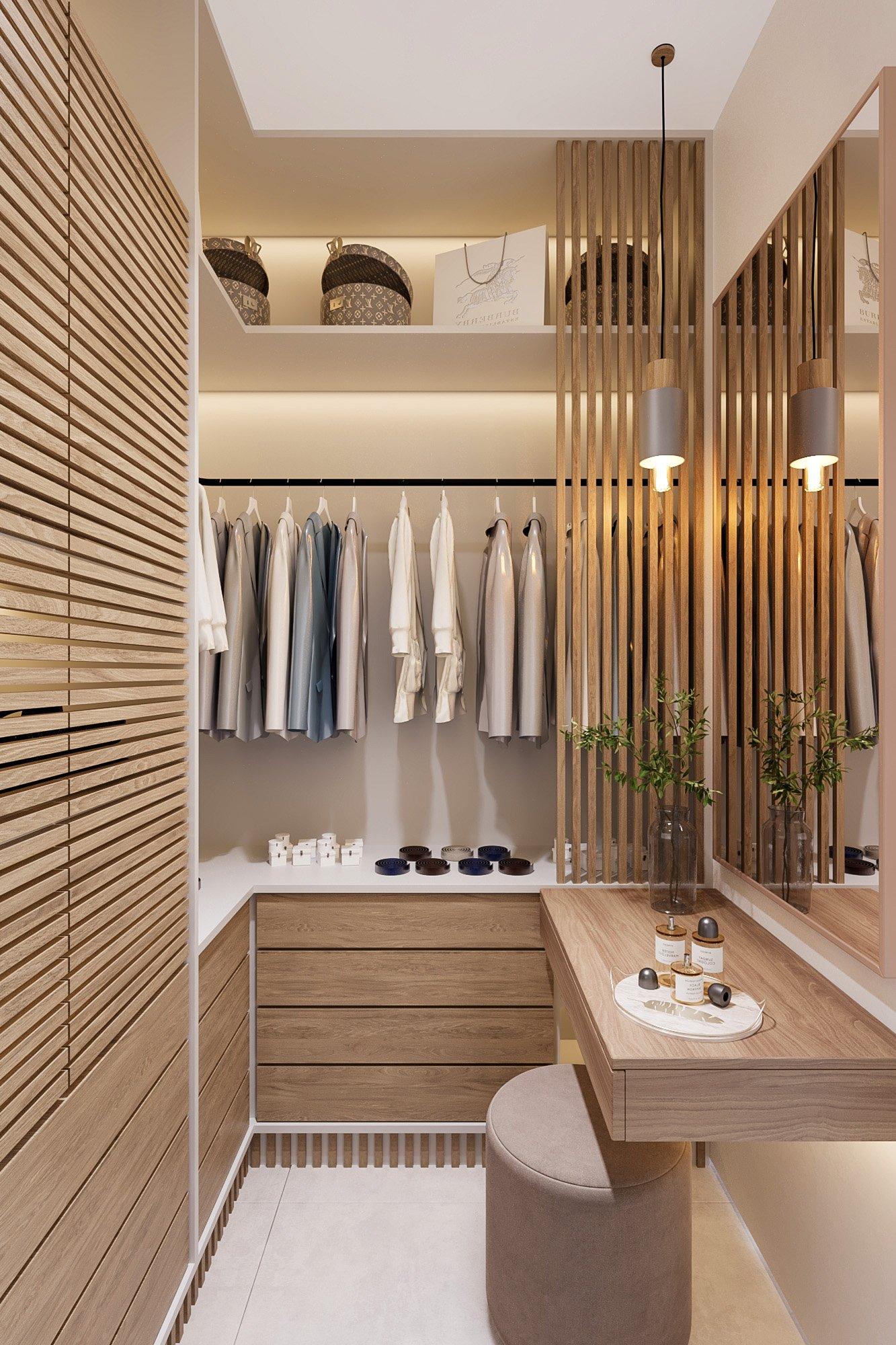 Walk-in dressing room with open wooden shelving