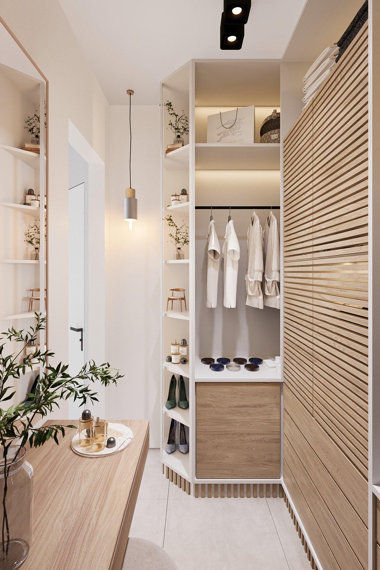 Dressing room with hanging rails and timber slat screen
