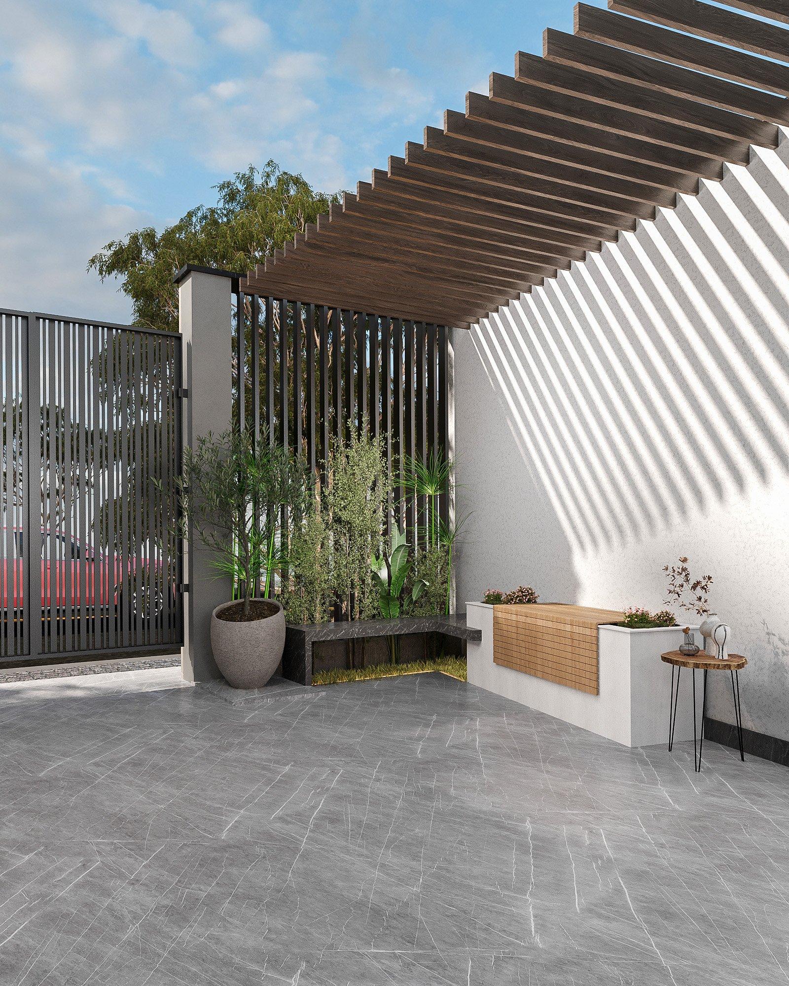 Seating area under a timber pergola with marble paving
