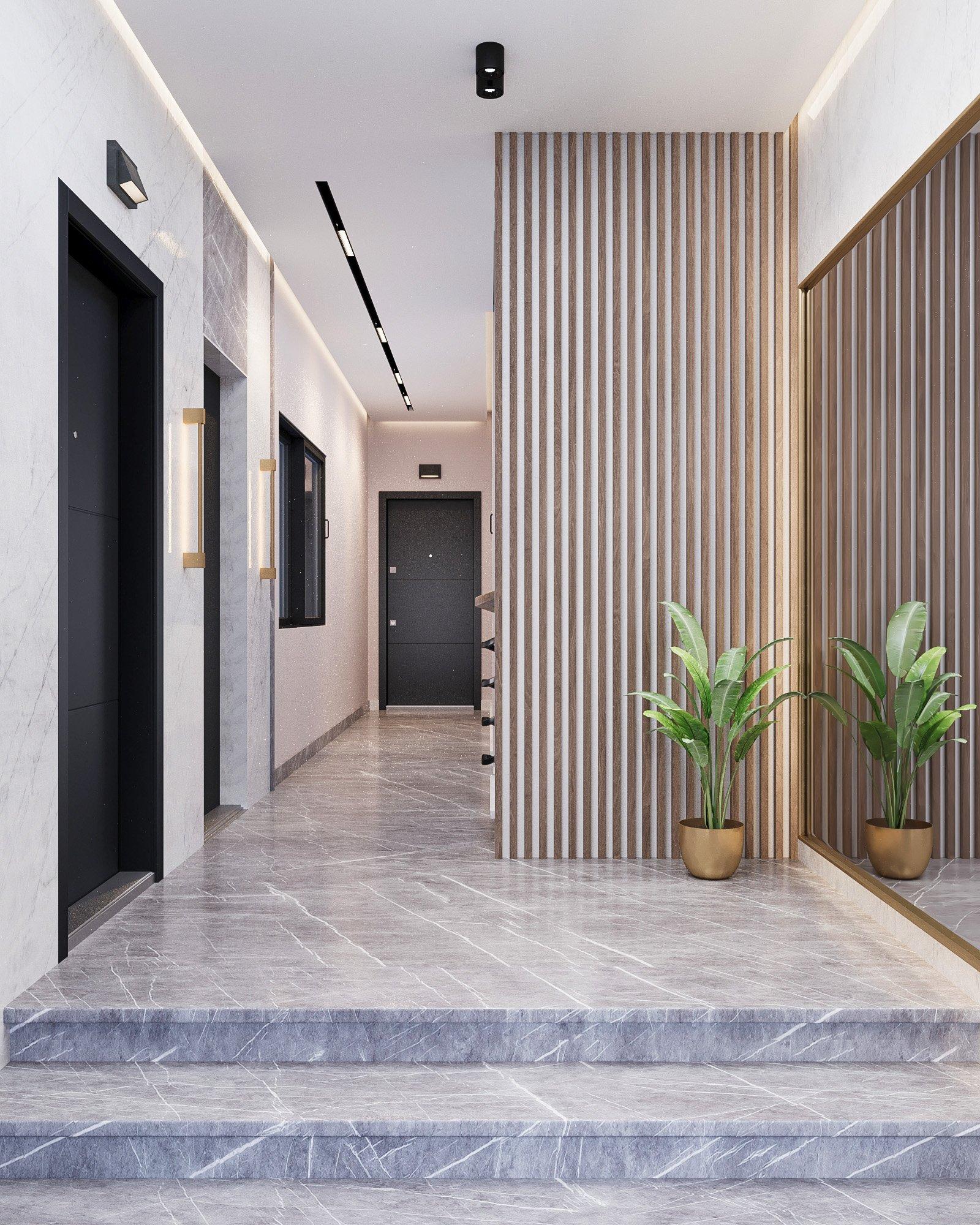 Interior corridor with marble floor, timber slats and plants