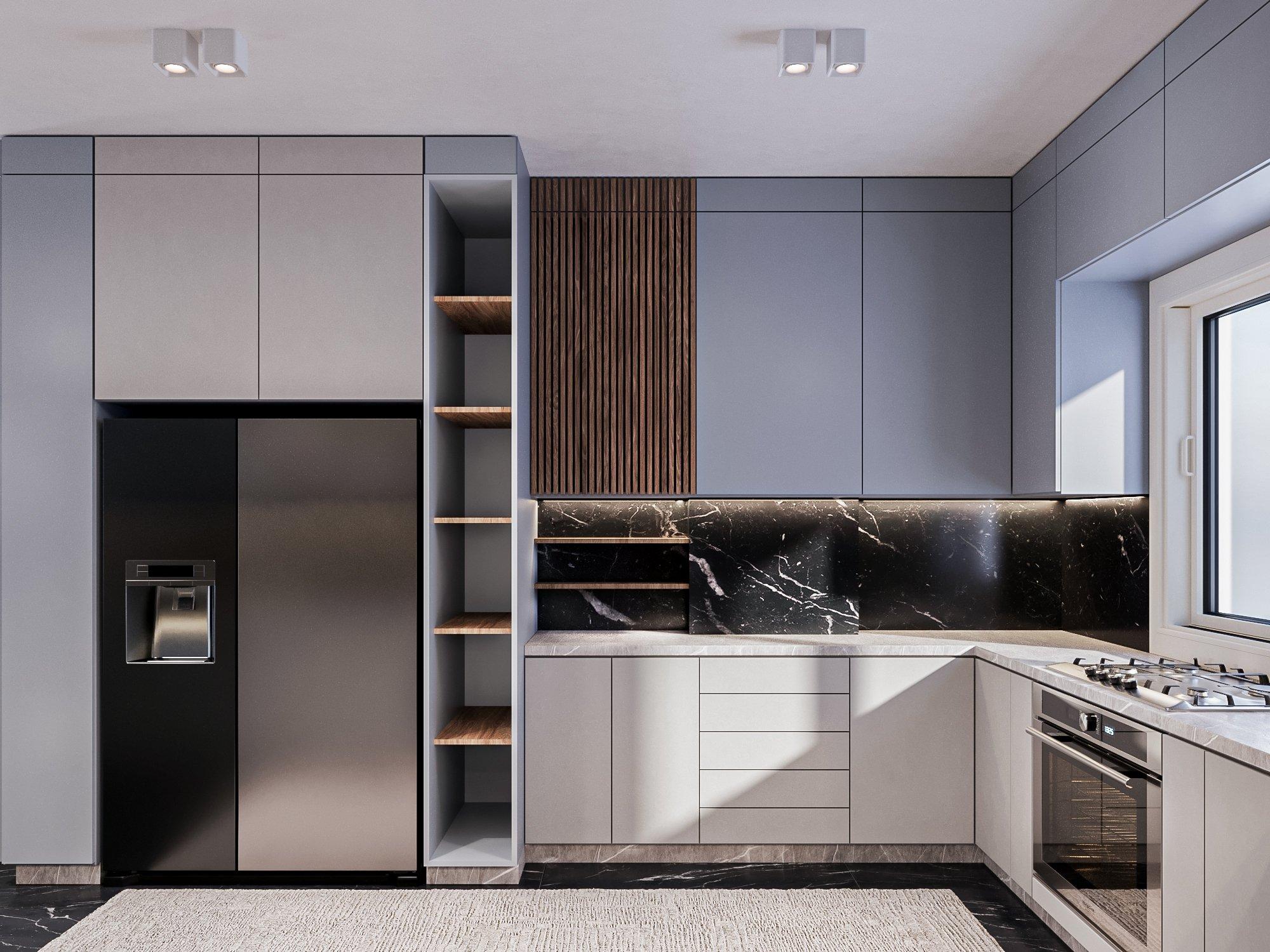 Kitchen with light grey cabinets, black marble splashback and open wooden shelves
