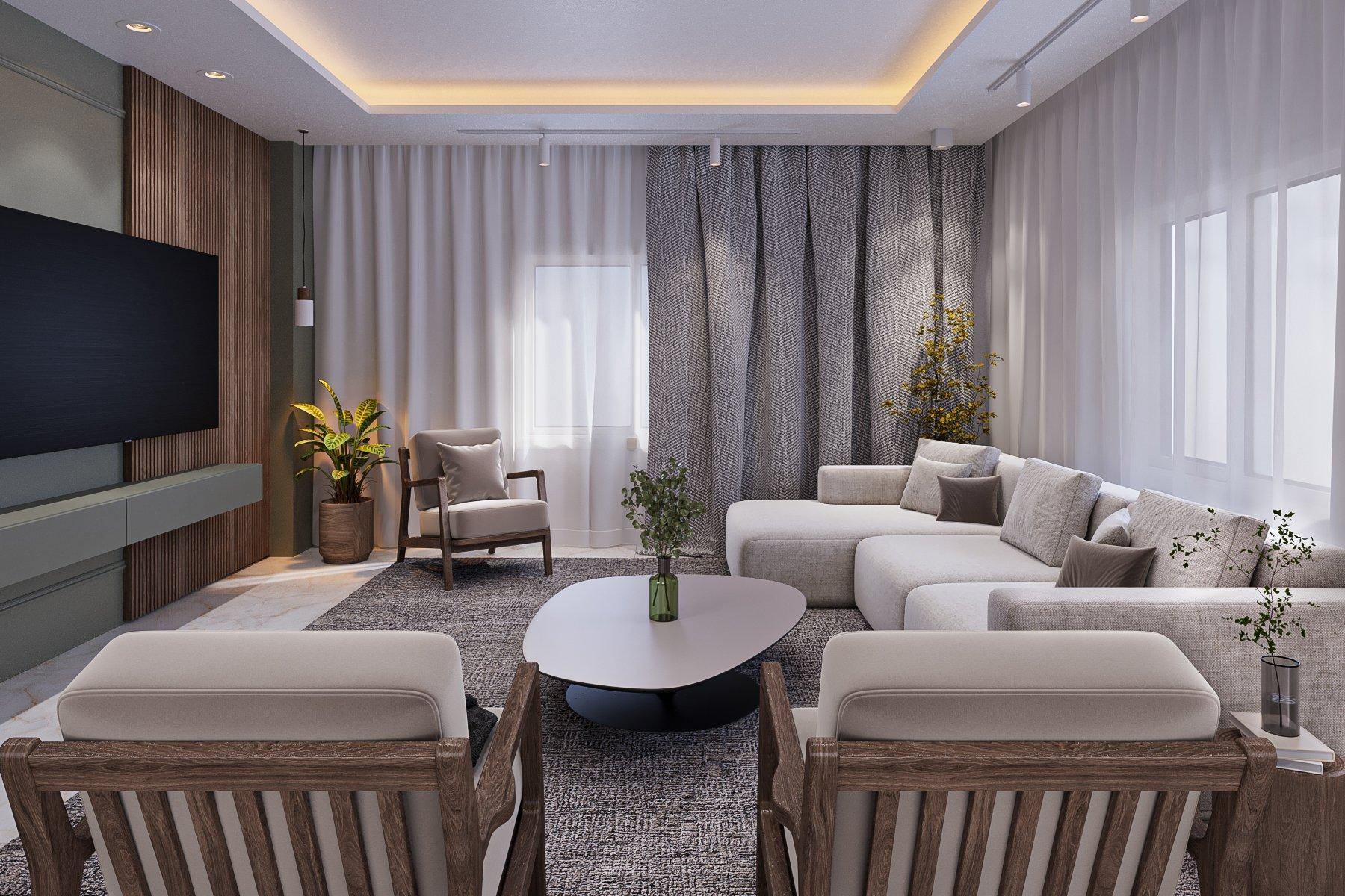 Reception with a modular cream sofa, wooden lounge chairs and a sculptural coffee table