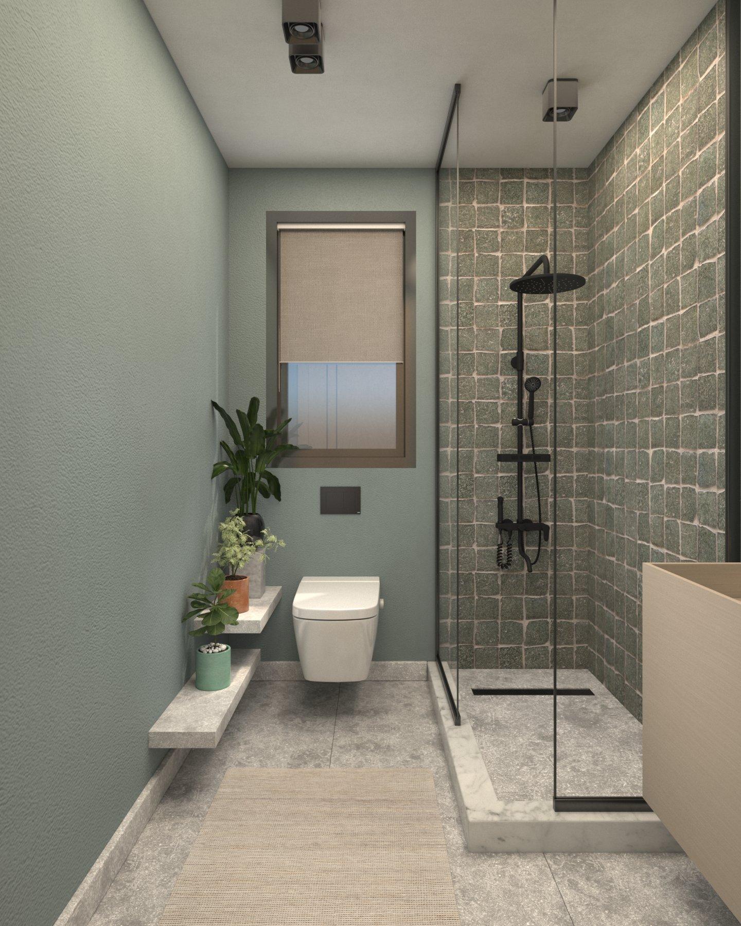 Narrow bathroom with green walls, a wall-hung toilet and a tiled shower