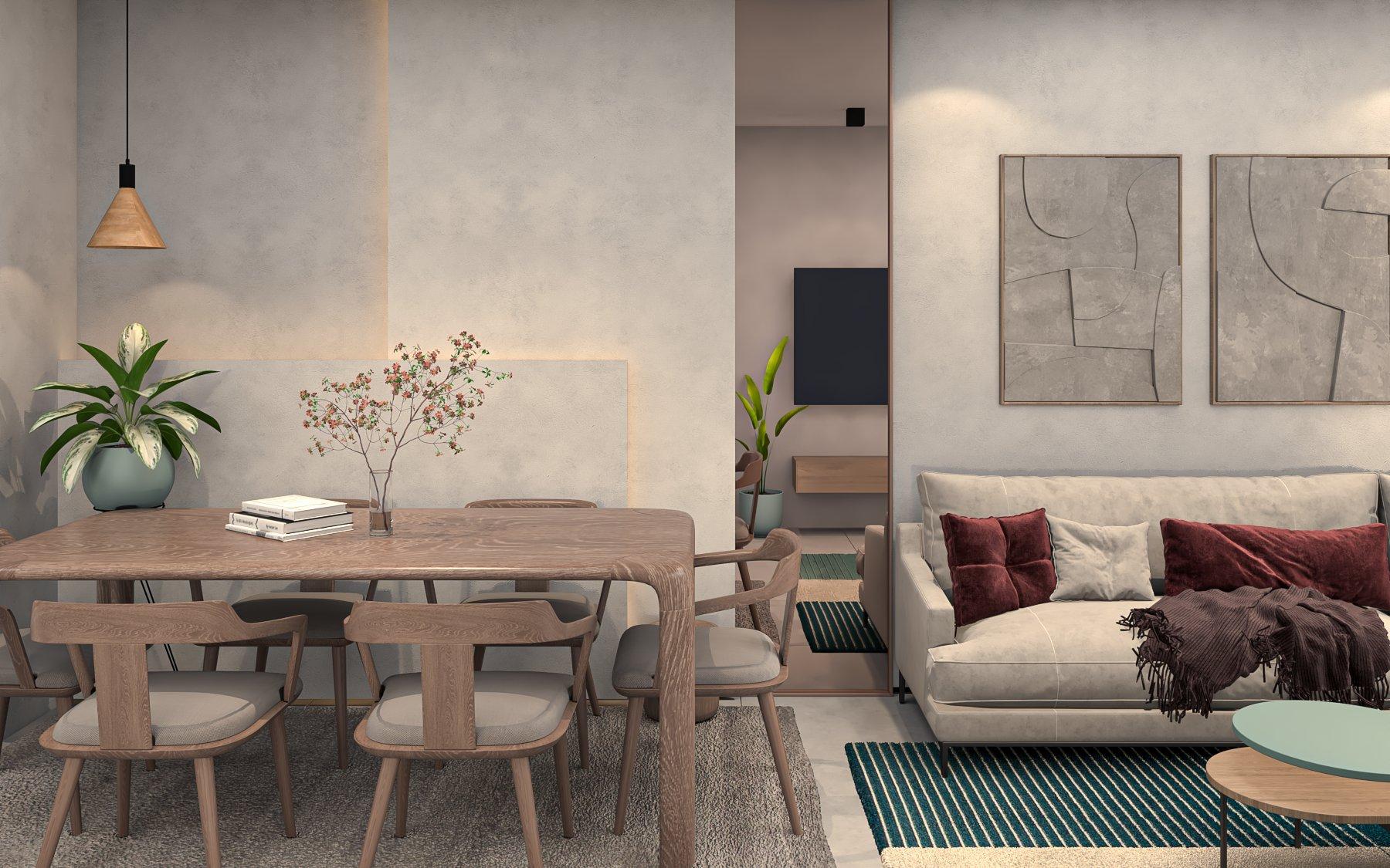 Dining table in natural wood with a pendant light and textured wall art