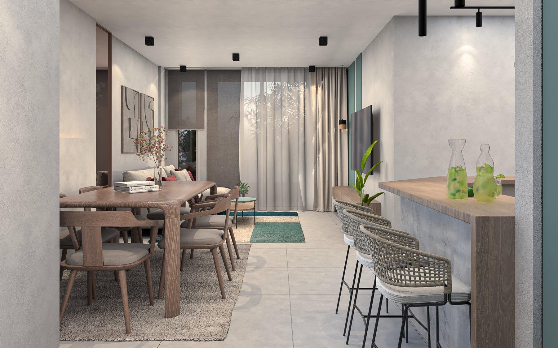 Kitchen island with woven bar stools and an olive-green rug