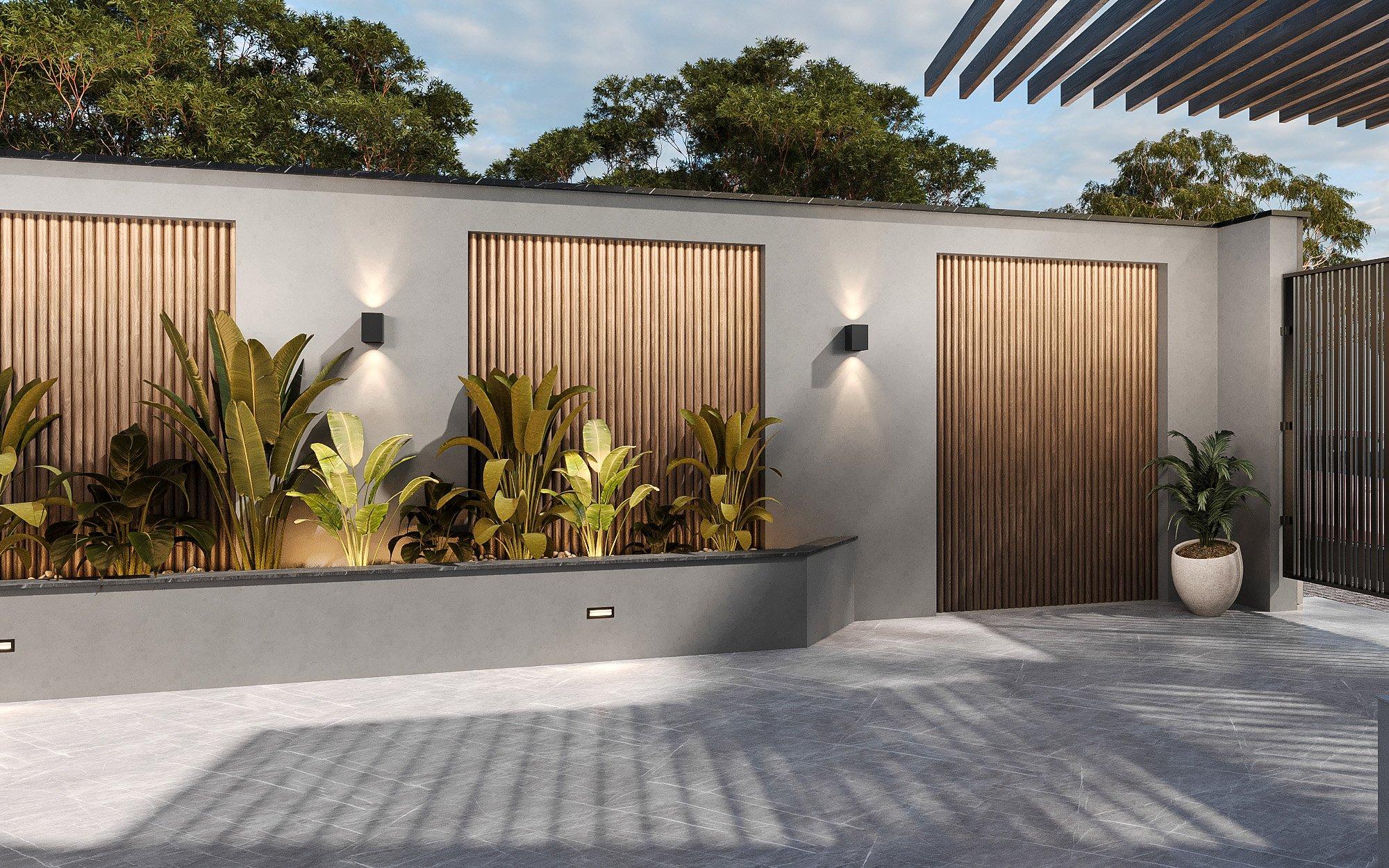 Building entrance with timber-clad walls, planters and a slatted pergola