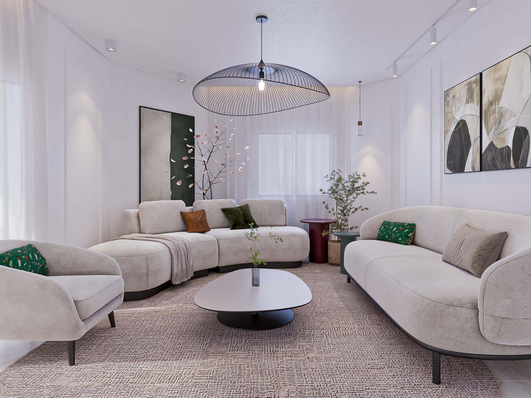 Oleandro House salon with curved cream sofas, an oval coffee table and a woven pendant light