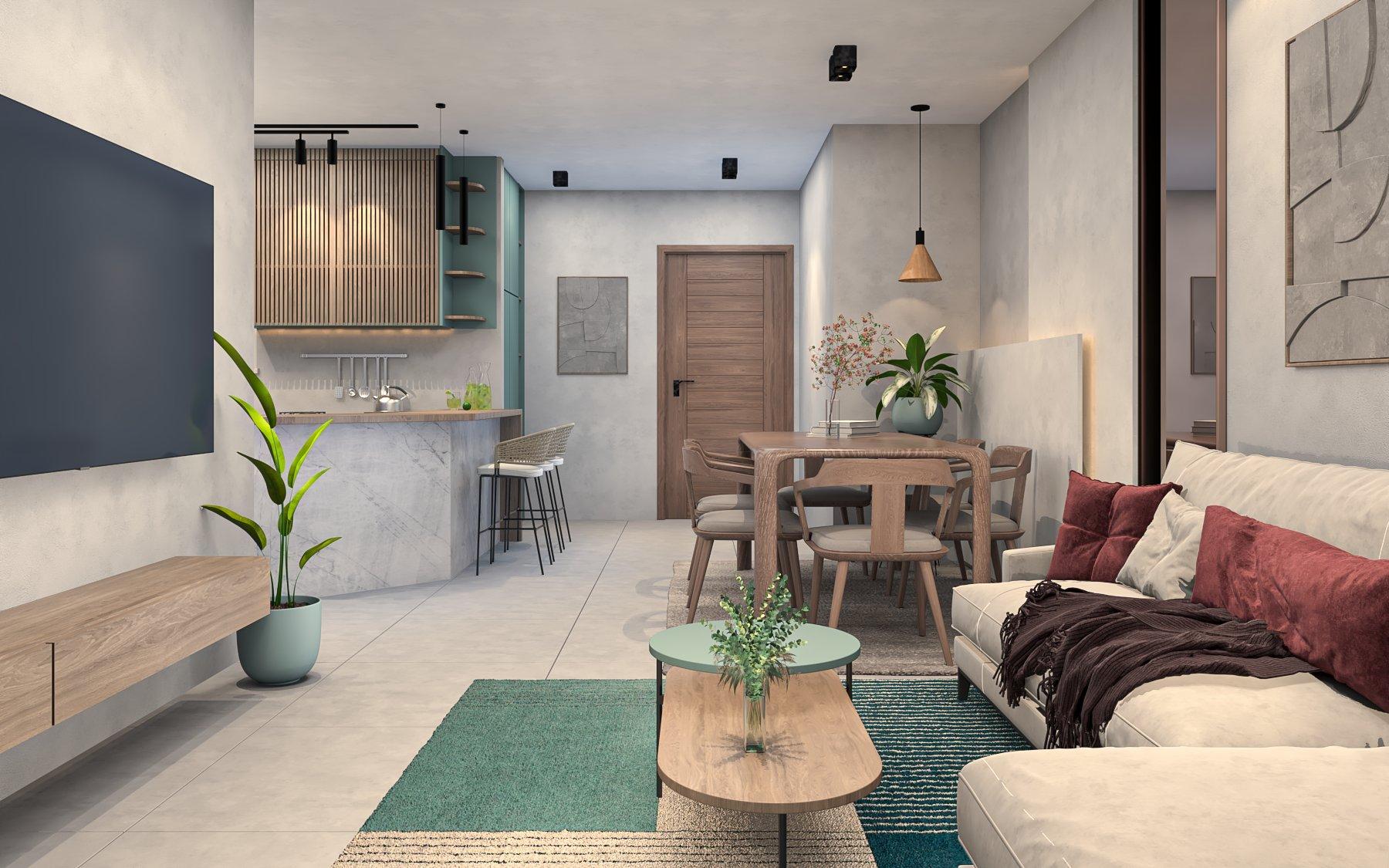 Open living room with a cream sofa, oval wooden table and a view through to the kitchen
